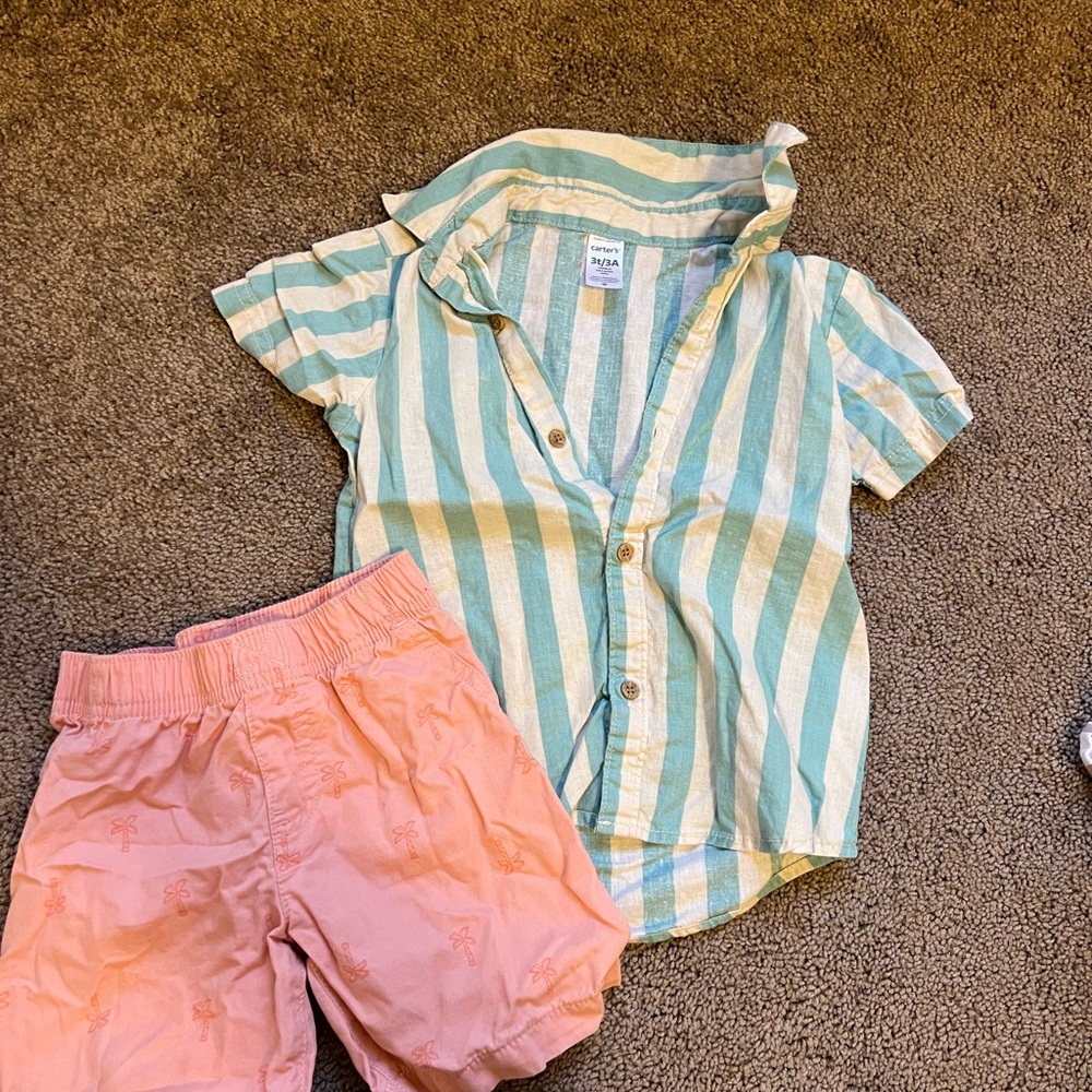 Green and White Striped Button-Up Shirt with Pink Shorts